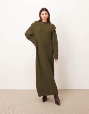 ARRANGE - Midikleid aus Rippstrick in Olivgrün mit Schulterpolstern