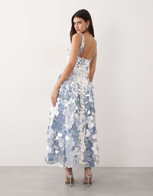 ARRANGE – Midikleid in Eisblau mit Paillettenscheibenbesatz, eckigem Ausschnitt und weitem Rock, 2 von 4