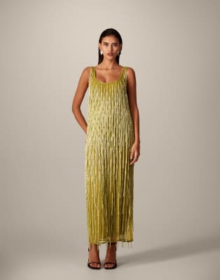 ARRANGE - Midikleid in Oliv mit U-Ausschnitt und perlenbesetzten Fransen-Grün