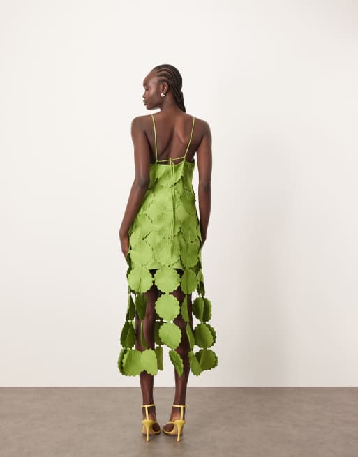 ARRANGE – Midikleid in Olivgrün mit Fransensaum und Blumen-Lochstickerei, 3 von 4