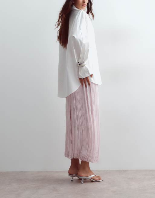 ARRANGE Midirock mit tiefer Taille, Drapierung und Fransen in Hellrosa, 3 von 5