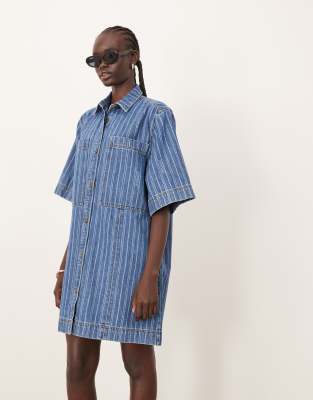 ARRANGE ARRANGE mini denim stripe shirt dress-Blue