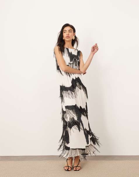 ARRANGE fringe embellished minimal column midi dress in monochrome print