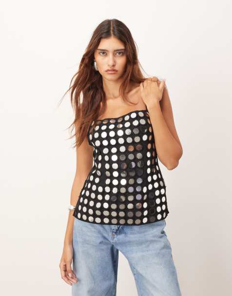 ARRANGE mirror embellished minimal longline cami top in black - view 1