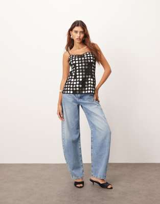 Arrange Mirror Embellished Minimal Longline Cami Top In Blue