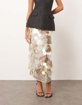 Arrange Mirror Paillette Column Maxi Skirt In Silver
