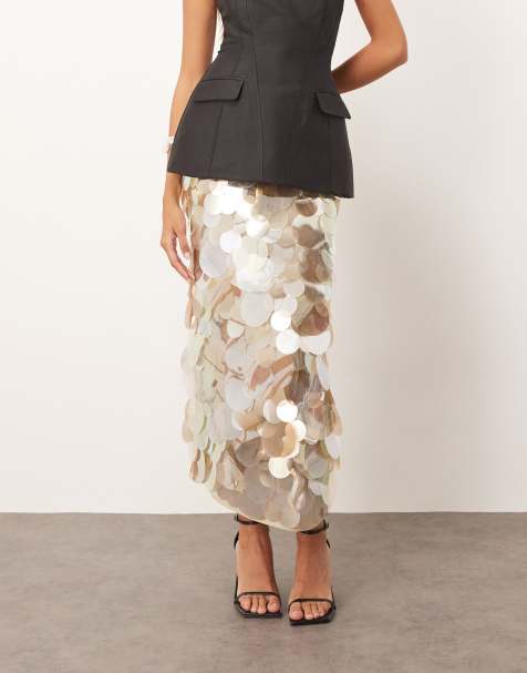 ARRANGE mirror paillette column maxi skirt in silver - view 1