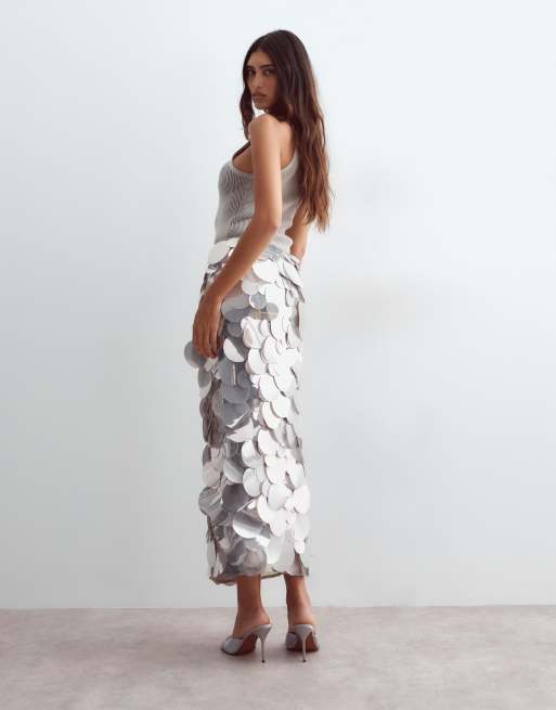 ARRANGE mirror paillette column maxi skirt in silver, 3 of 5