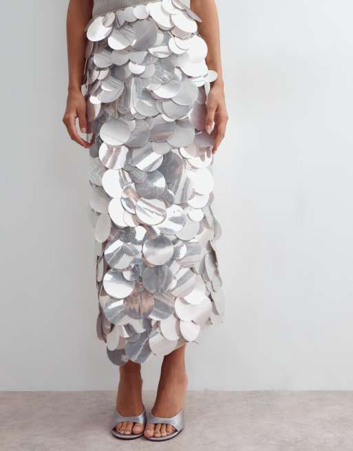 ARRANGE mirror paillette column maxi skirt in silver, 4 of 5