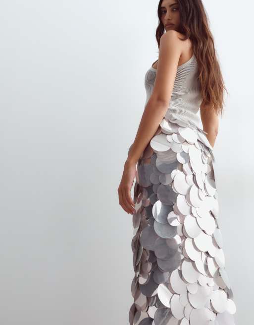 ARRANGE mirror paillette column maxi skirt in silver, 5 of 5
