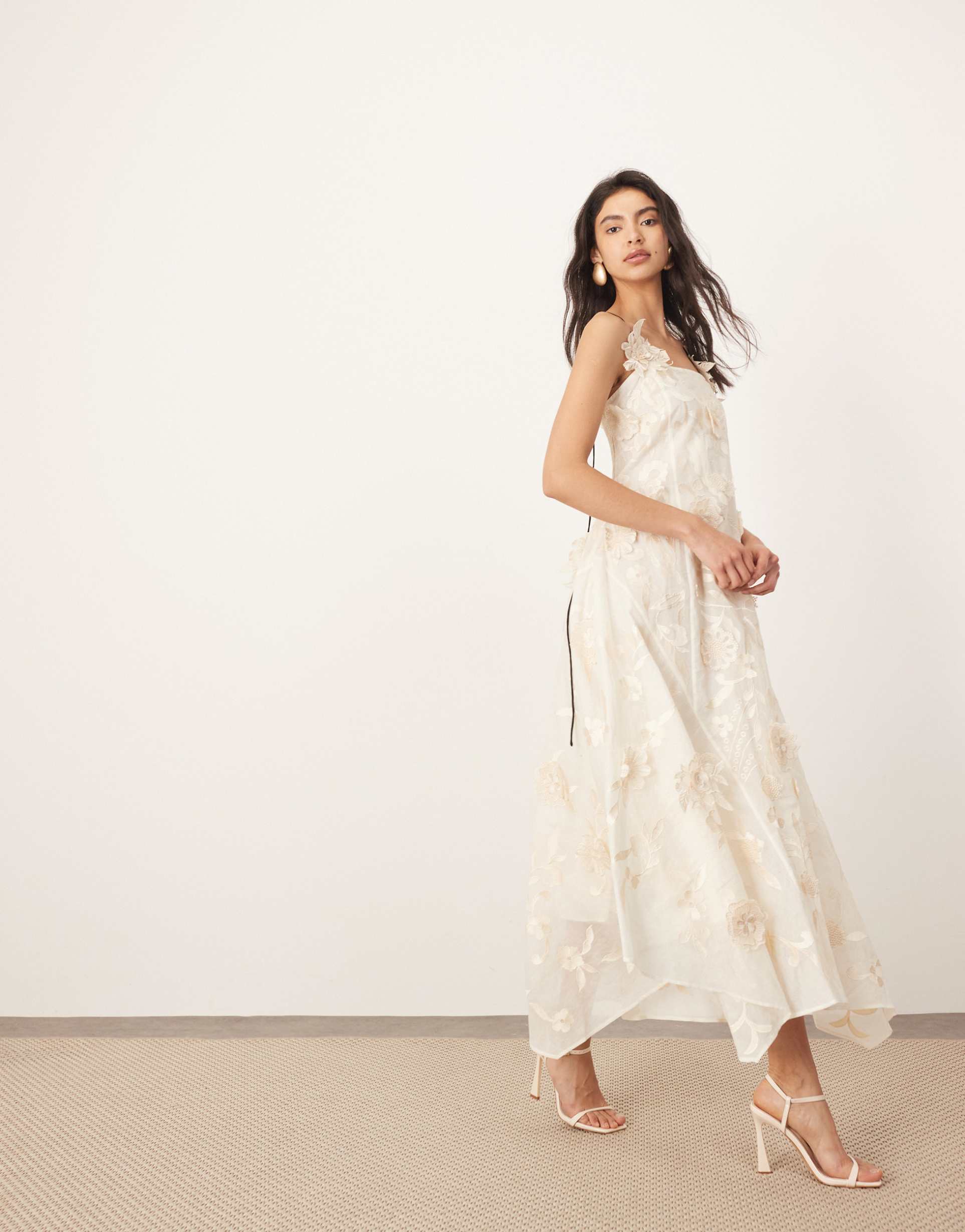 arrange mirrored applique floral embroidered cami maxi dress in buttermilk