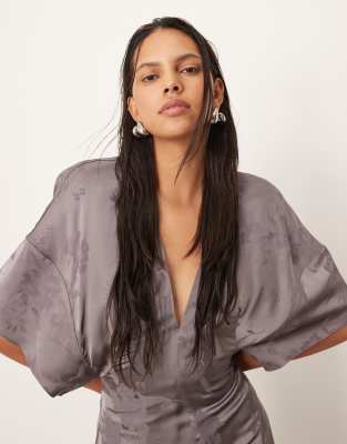ARRANGE modern 30's maxi satin jacquard dress with shoulder pad in charcoal