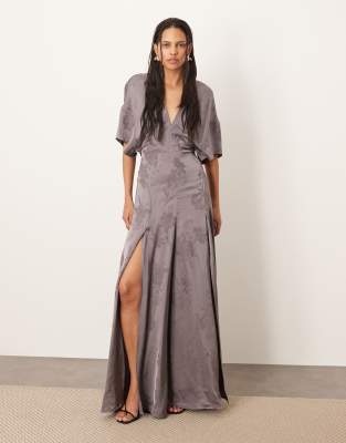 ARRANGE modern 30's maxi satin jacquard dress with shoulder pad in charcoal