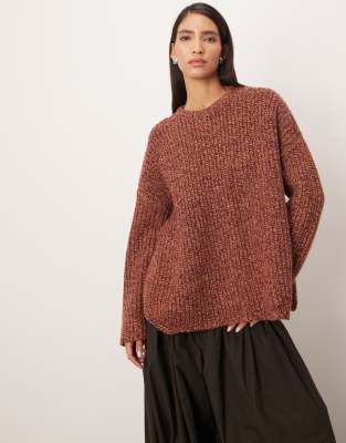 Arrange Neppy Knit Merino Rich Curved Hem Sweater In Brown