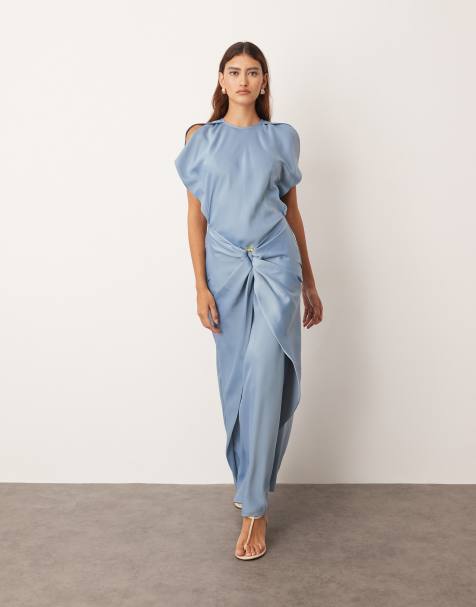 ARRANGE drape split sleeve maxi dress with metal trim in blue