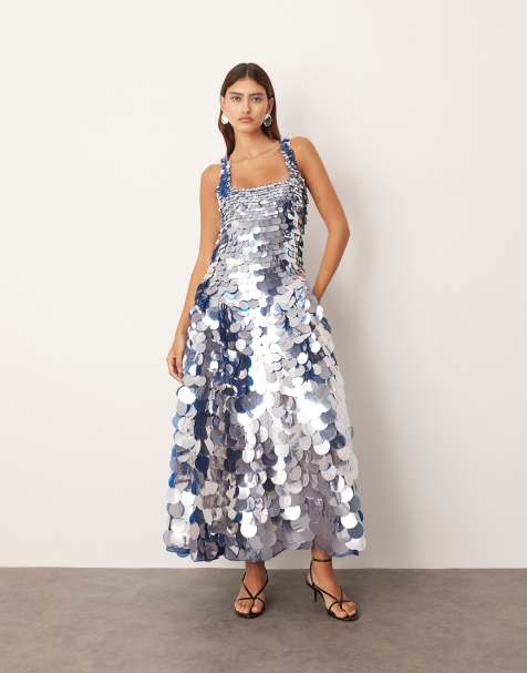ARRANGE embellished disc sequin square neck full skirt midi dress in blue