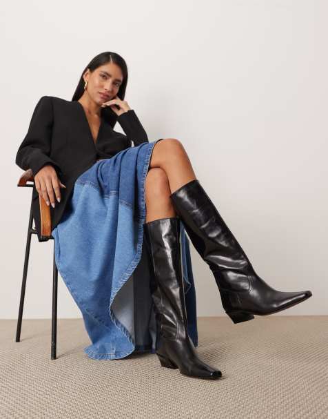 ARRANGE Noa premium leather western knee boots in black - view 1