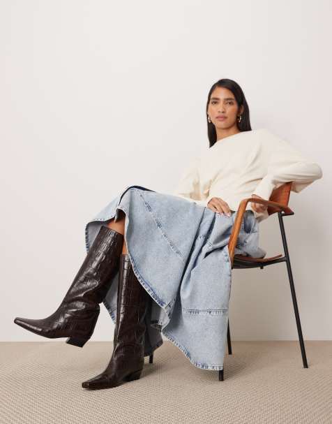 ARRANGE Noa premium leather western knee boots in brown croc - view 1