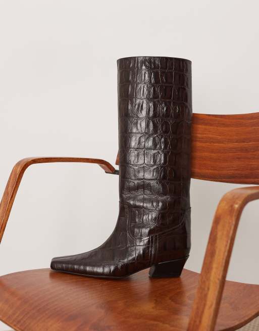 ARRANGE Noa premium leather western knee boots in brown croc, 2 of 4
