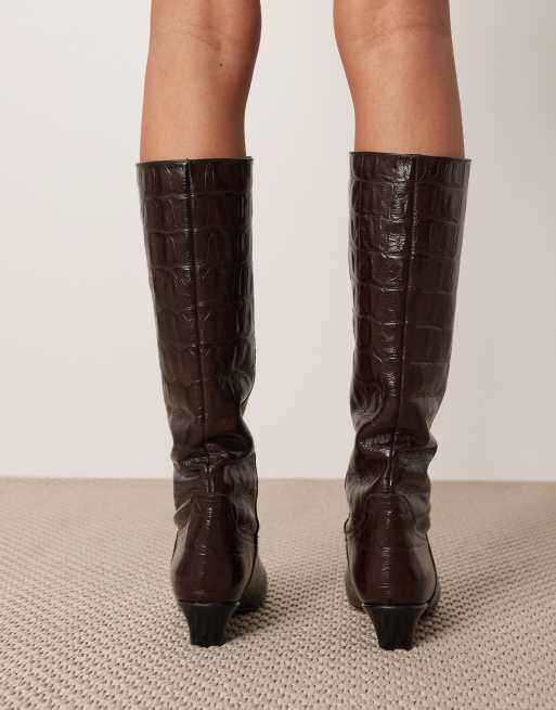 ARRANGE Noa premium leather western knee boots in brown croc, 4 of 4