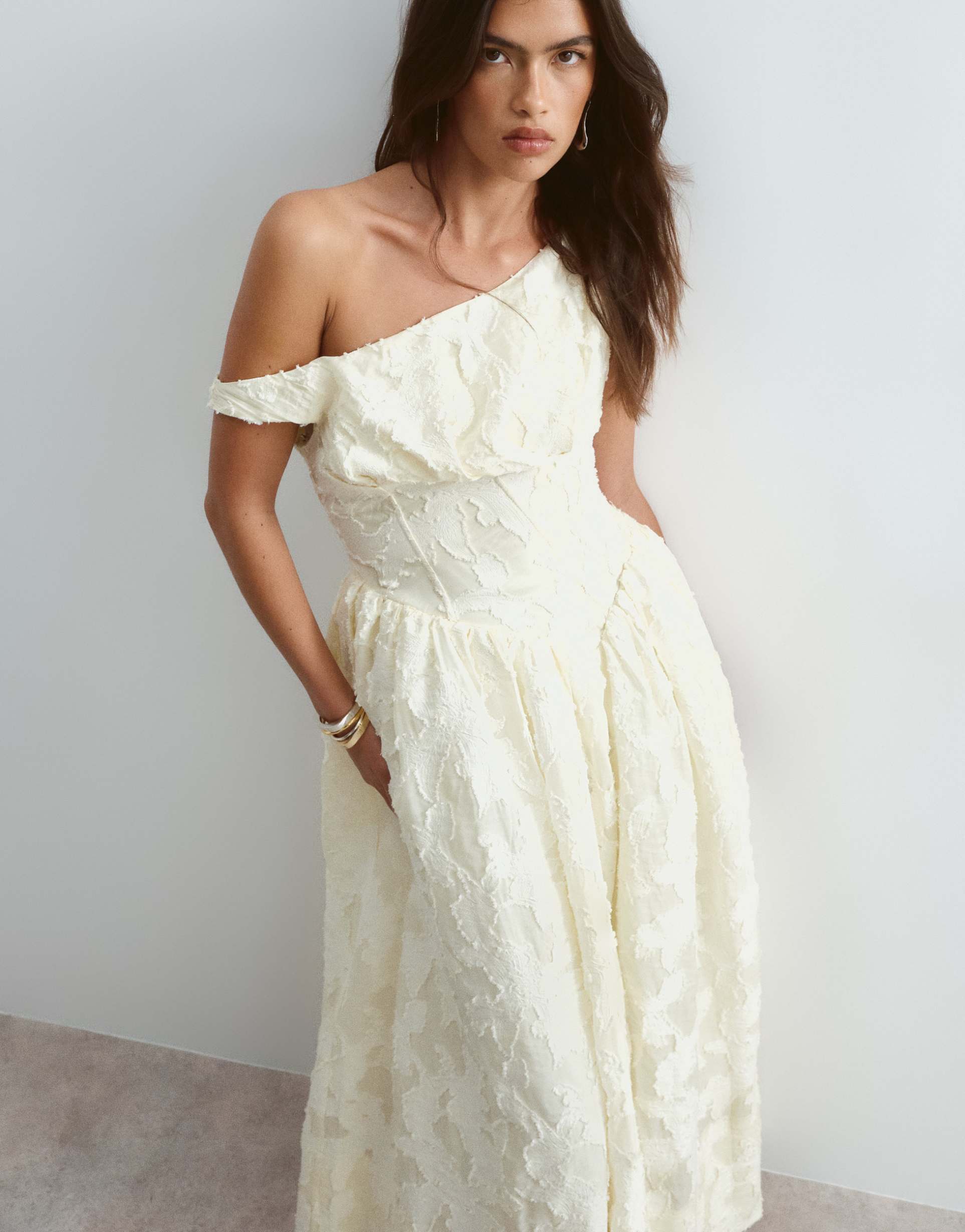 arrange off shoulder corseted jacquard maxi dress in buttermilk