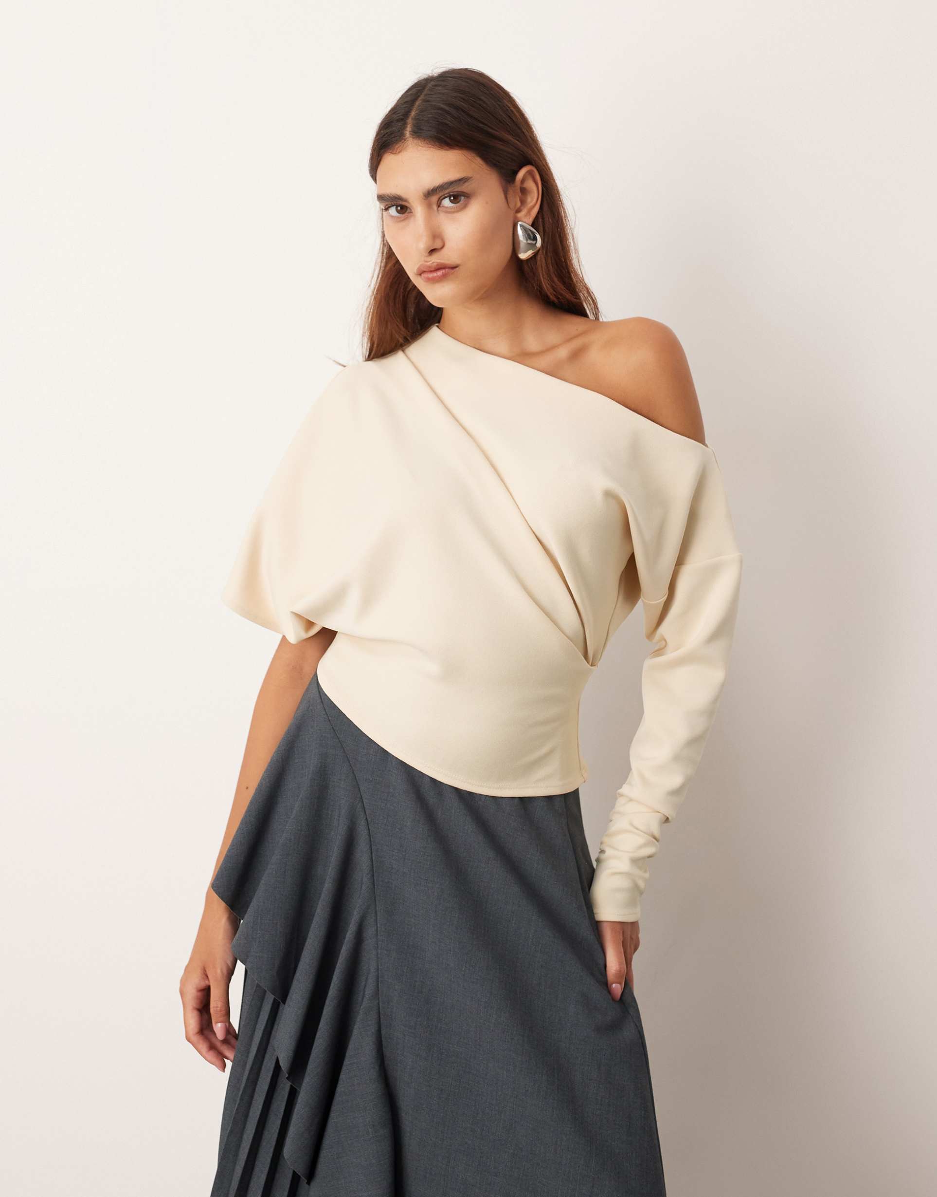 arrange off-shoulder drape top in buttermilk