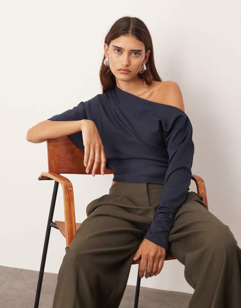 ARRANGE off shoulder drape top in navy - view 1