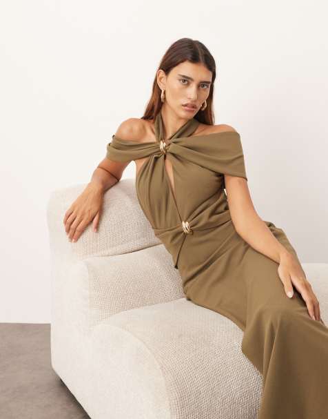 ARRANGE off shoulder halter maxi dress with gold hardware in olive - view 1