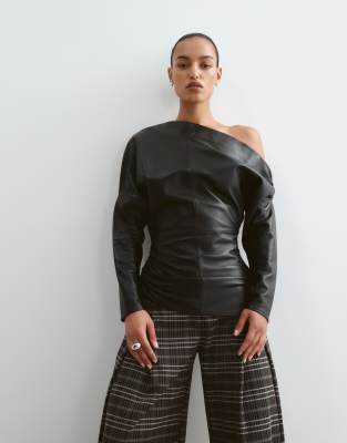 Arrange Off Shoulder Ruched Waist Leather Top In Black