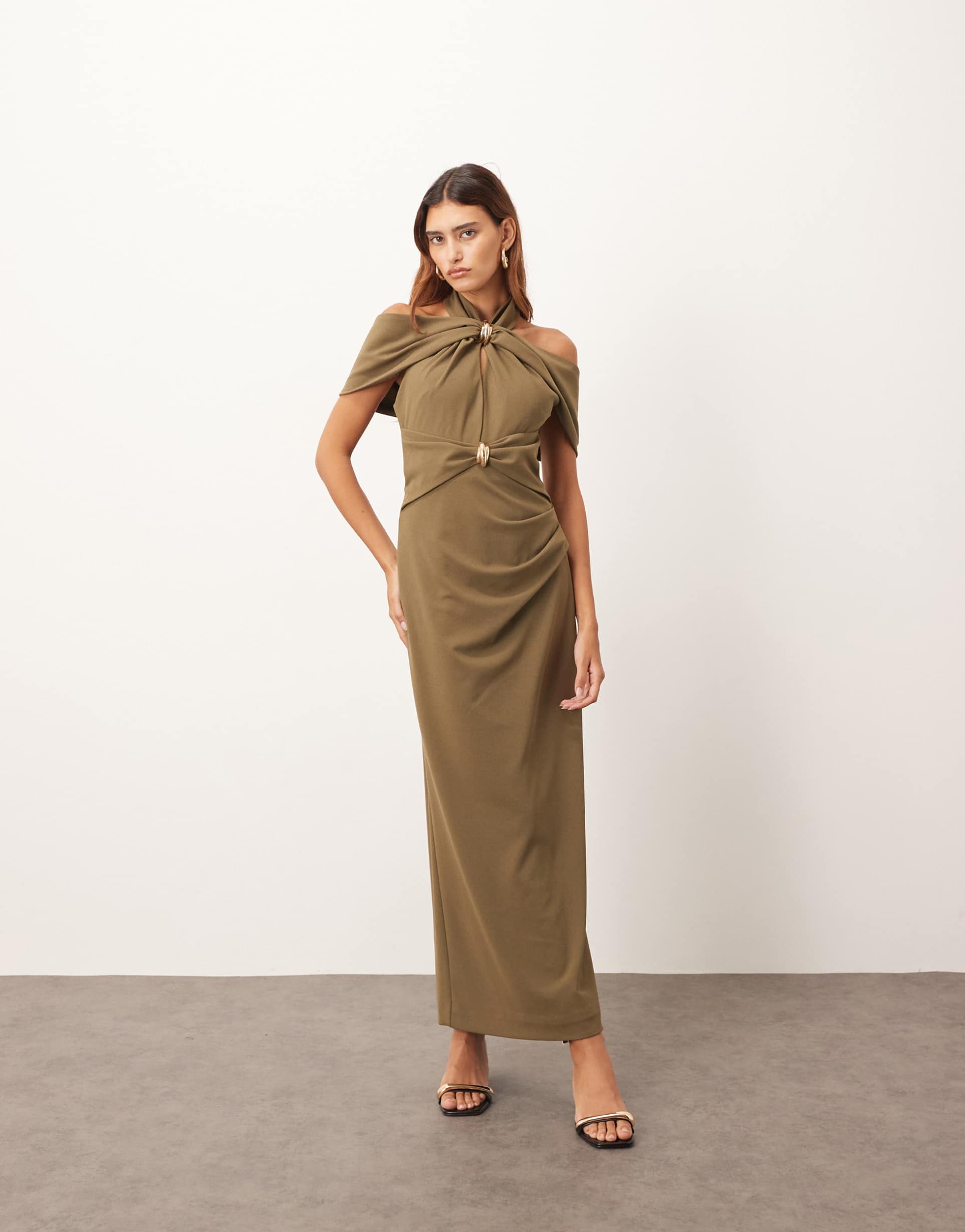 arrange off the shoulder halter maxi dress with gold-tone hardware in olive