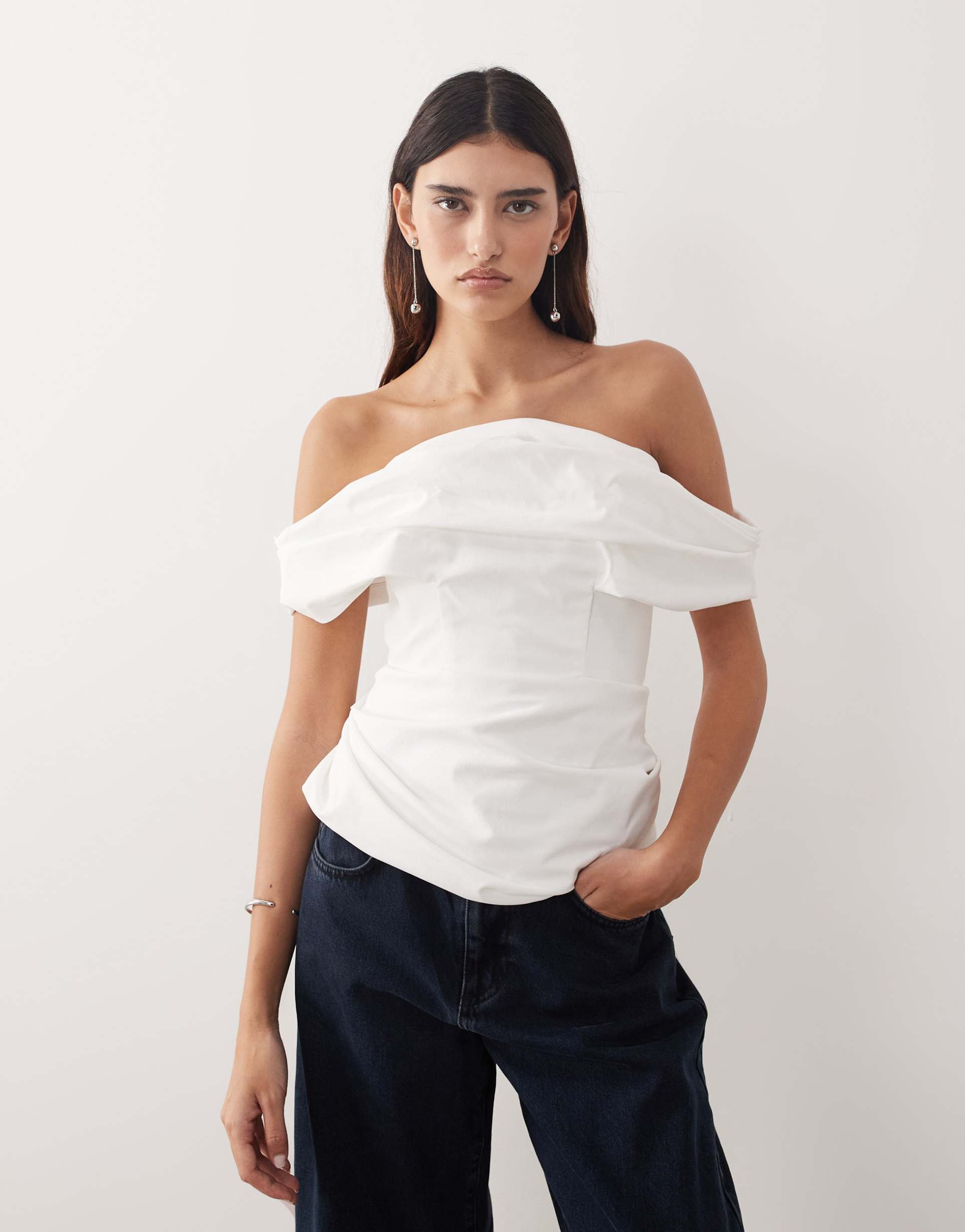 arrange off the shoulder poplin top in white