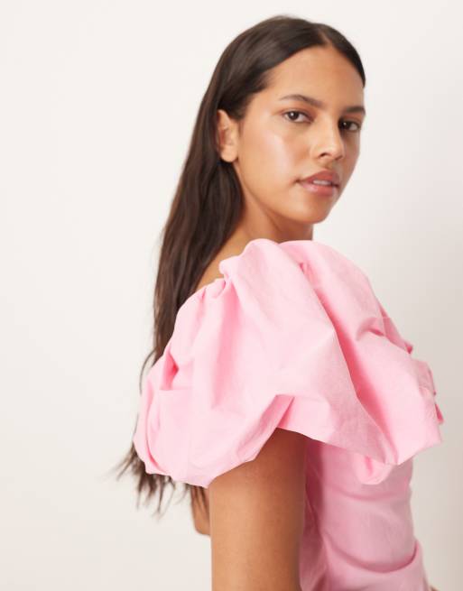 ARRANGE off the shoulder ruched puff sleeves maxi dress in pink