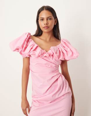 open lace back dress Rent Asos Design Spot Bardot Mini Dress With Puff Sleeve In Pink