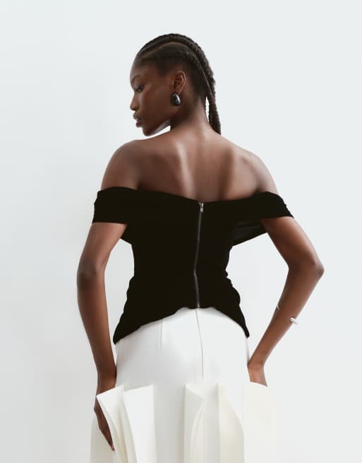 ARRANGE off the shoulder velvet top in black, 4 of 5