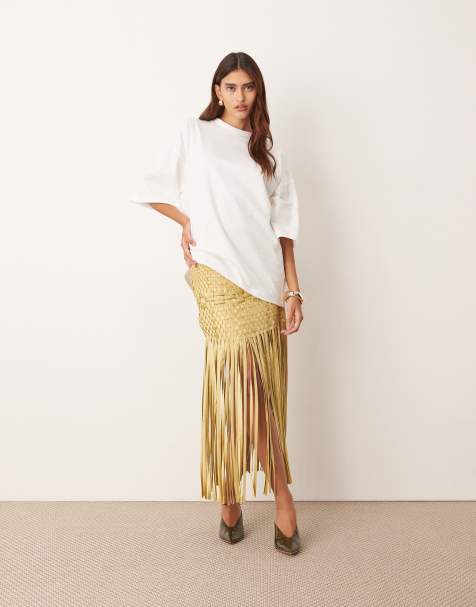 ARRANGE lattice handwoven fringe hem midi skirt in olive