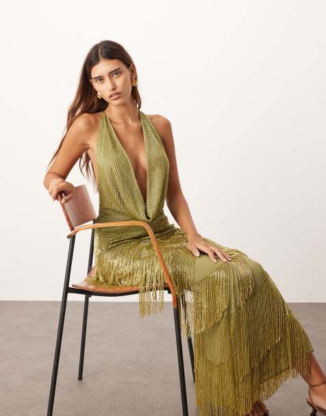 ARRANGE beaded fringe plunge cowl maxi dress in olive