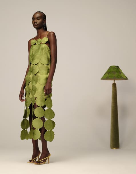 ARRANGE cutwork floral midi dress with fringe hem in olive green