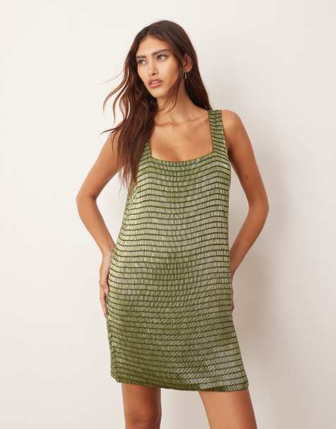 ARRANGE embellished beaded square neck shift mini dress in olive