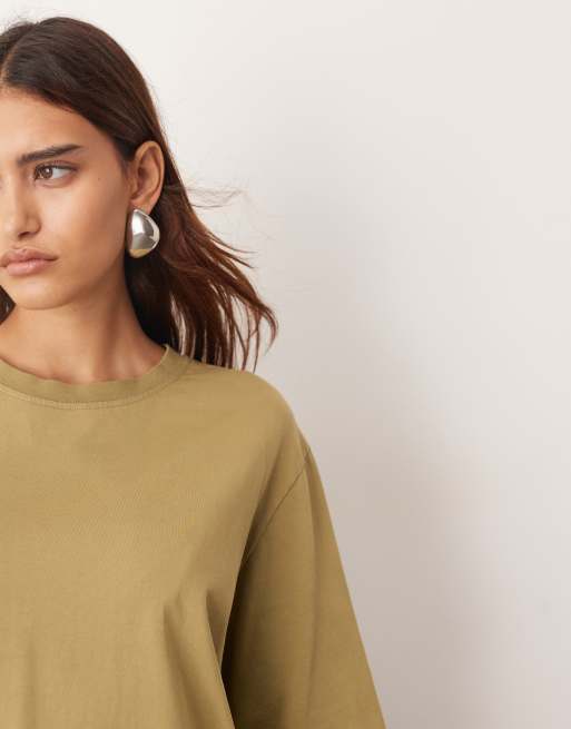 ARRANGE – Oliwkowozielony T-shirt oversize z dżerseju z efektem sprania, 3 z 4
