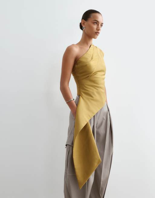 ARRANGE one shoulder drape top in mustard, 3 of 4