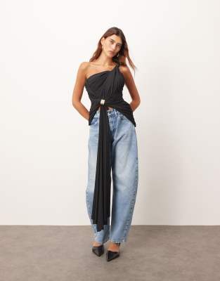 Arrange One Shoulder Drape Top With Metal Trim Detailing In Black