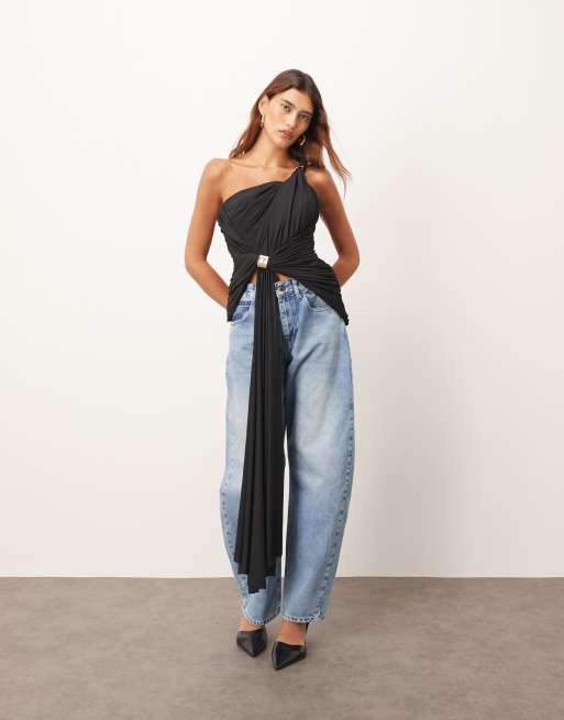 ARRANGE one shoulder drape top with metal trim detailing in black