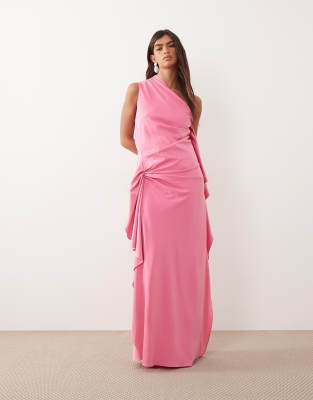 one shoulder draped maxi dress with ruffles in pink