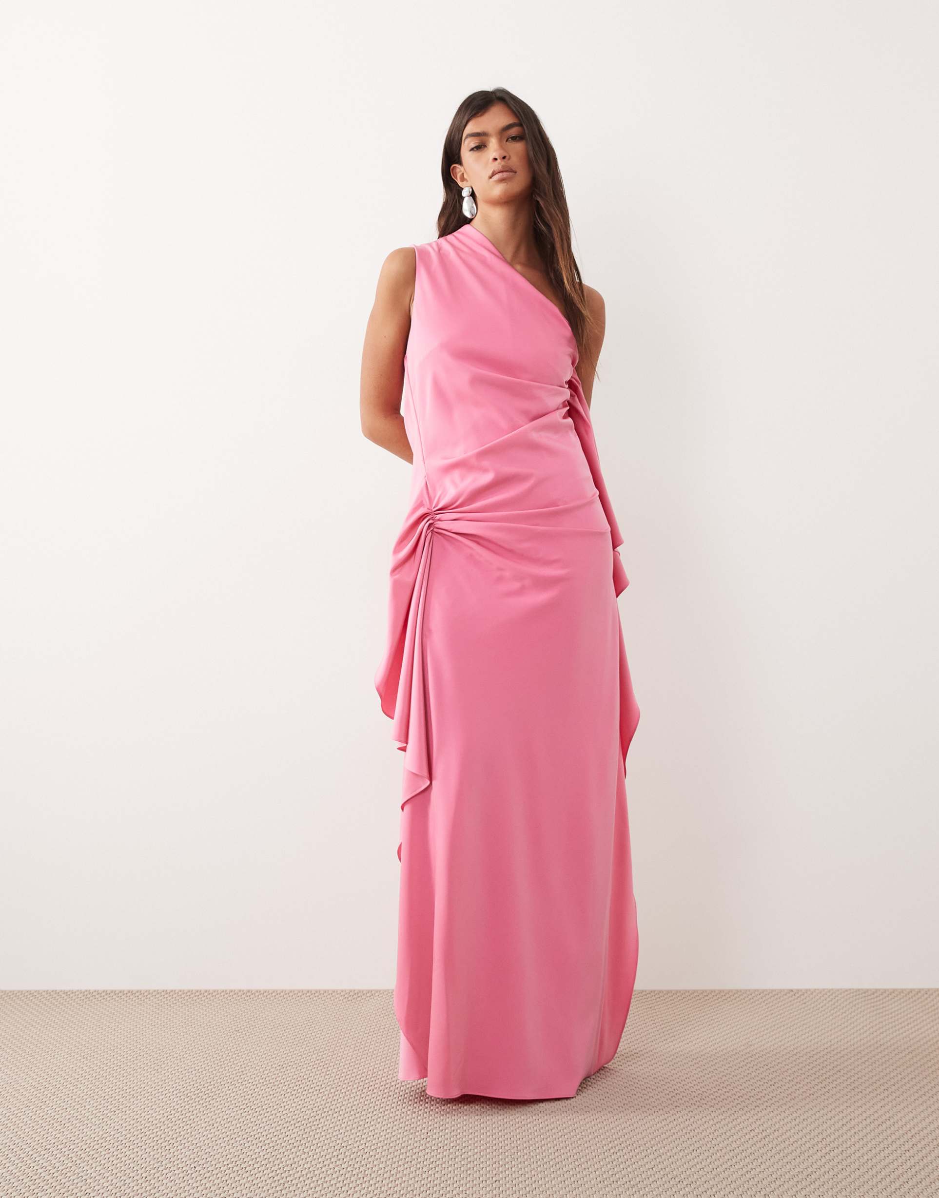 arrange one shoulder draped maxi dress with ruffles in pink