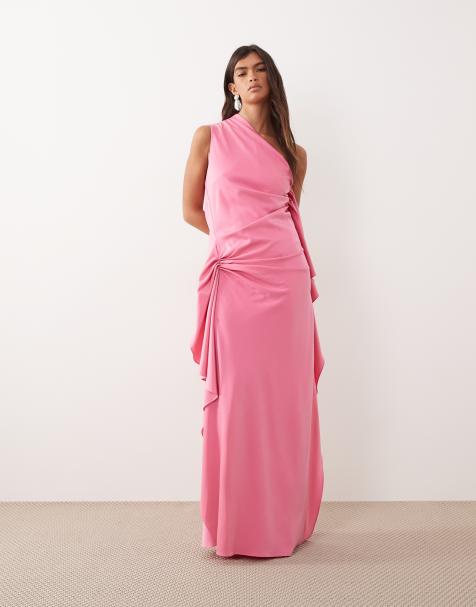 ARRANGE one shoulder draped maxi dress with ruffles in pink