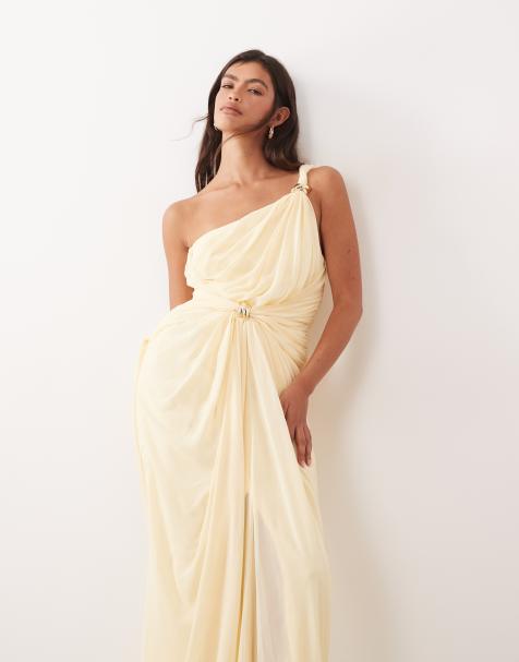 ARRANGE one shoulder draped twist detail maxi dress with metal trim detail in buttermilk - view 1