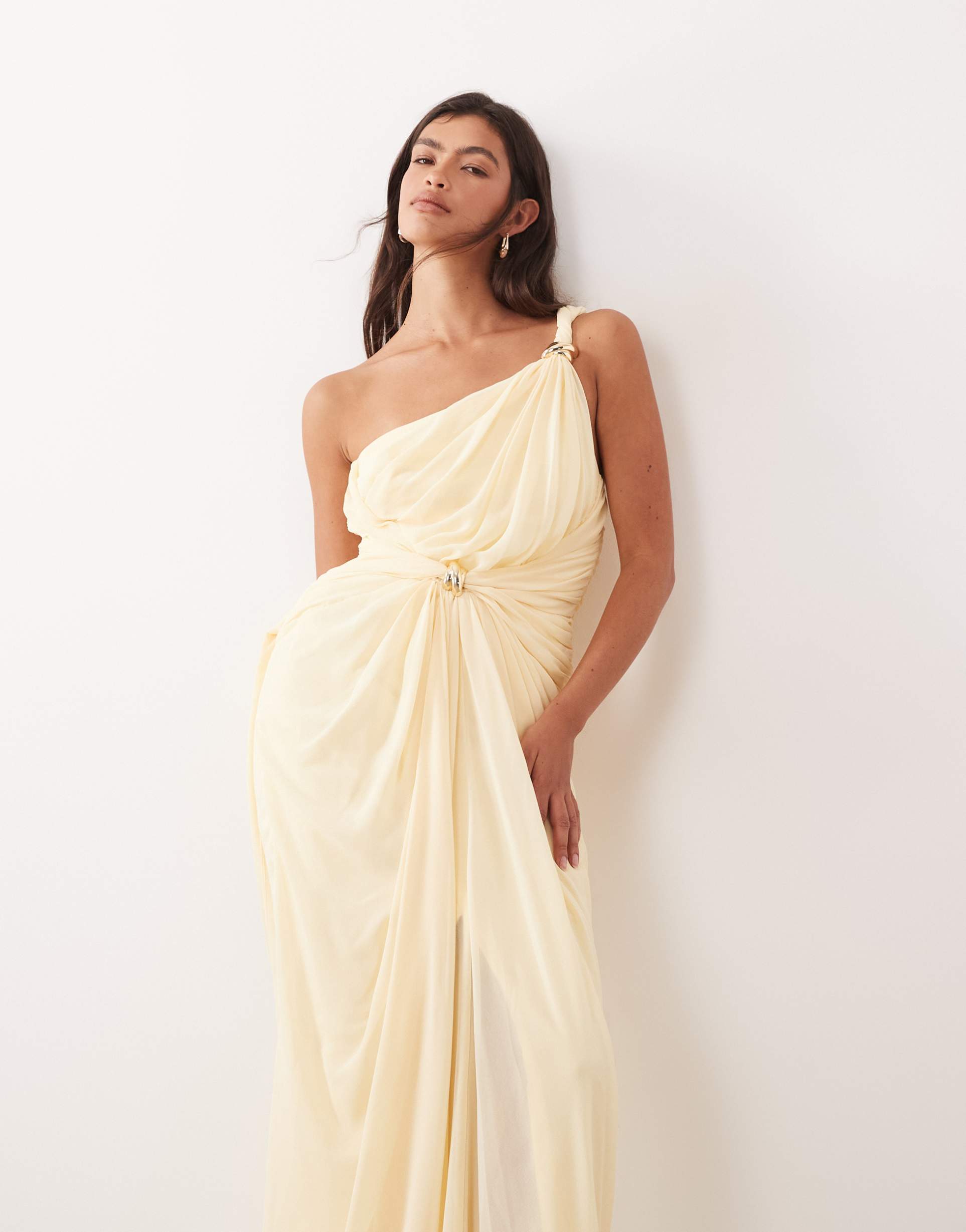 arrange one shoulder draped twist detail maxi dress with metal trim detail in buttermilk