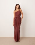 [ARRANGE] ARRANGE one shoulder draped twist detail maxi dress with metal trim detail in chocolate-Brown 4 Chocolate