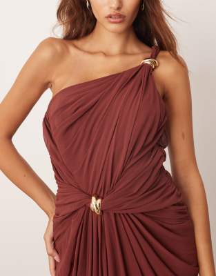 Arrange One Shoulder Draped Twist Detail Maxi Dress With Metal Trim Detail In Brown