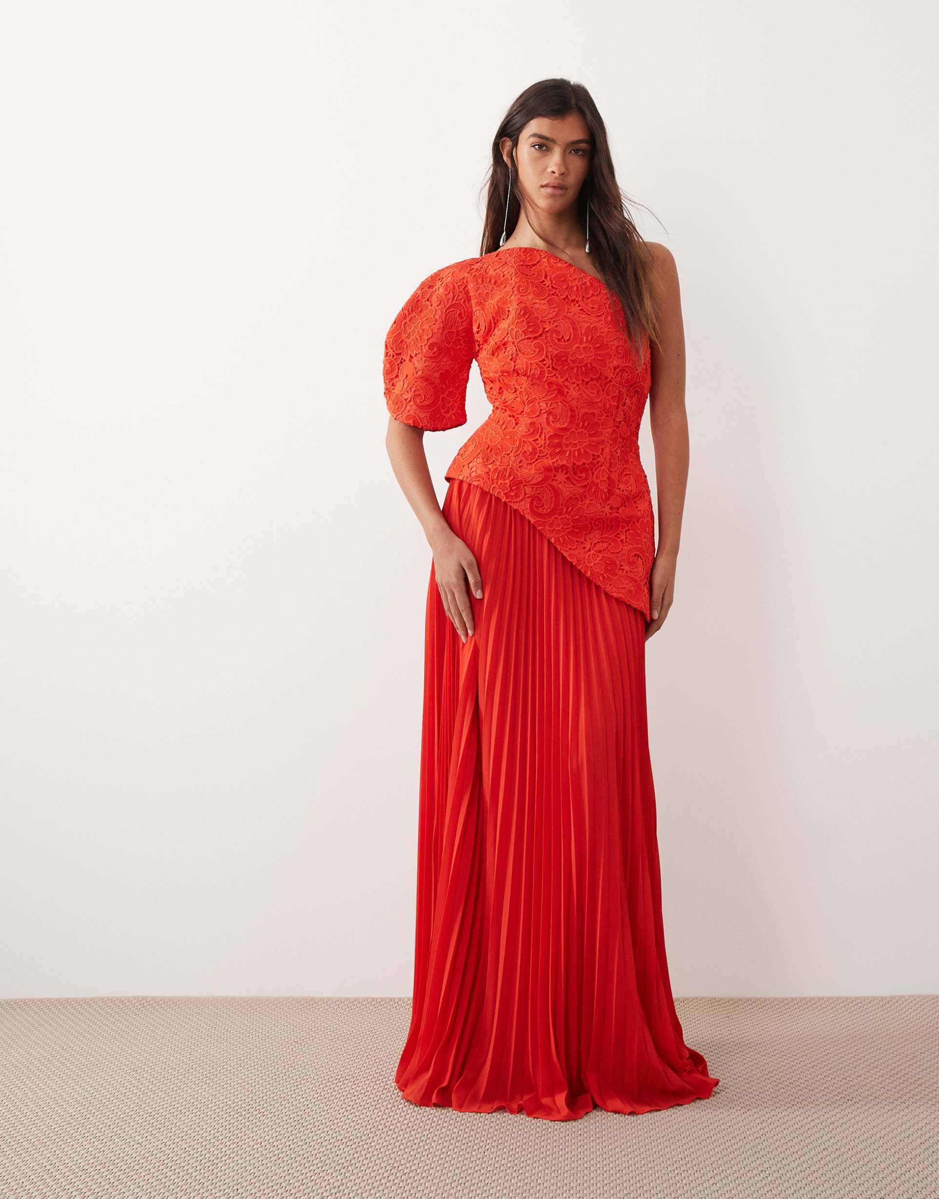 arrange one shoulder embroidered hybrid pleated maxi dress in red